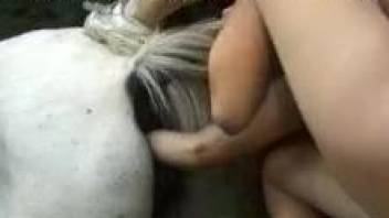 Naked female fist fucks horse before trying its monster dick