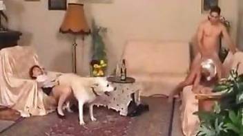 Girl fucking dog while husband fucks her friend